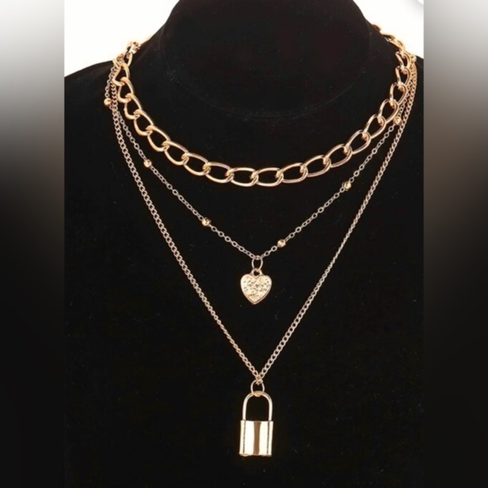 Anthropologie Minimalist Trendy Layered Gold Heart and Lock Pendant Necklace